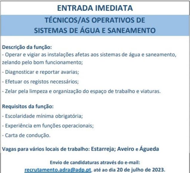 Proposta emprego AdRA - Águas da Região de Aveiro