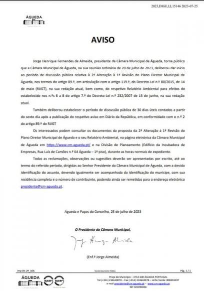 Discussão pública da 2° alteração a 1 revisão do Plano Diretor Municipal de Águeda
