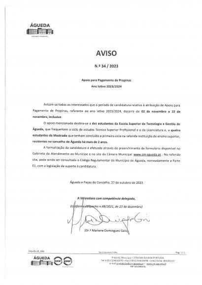 Aviso nº34/2023 Apoio para Pagamento de Propinas