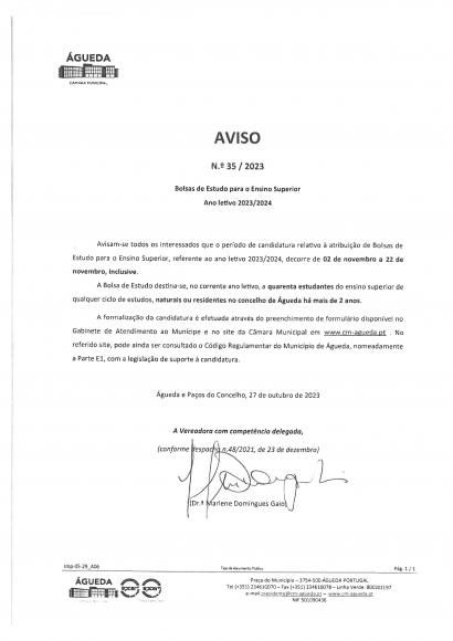 Aviso nº35/2023 Bolsa de Estudo para o Ensino Superior