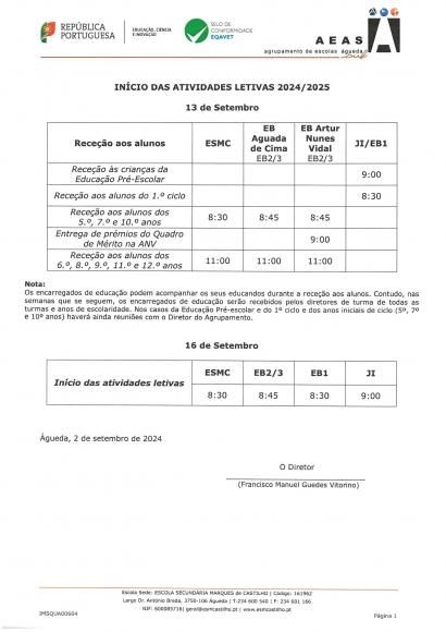 Início das atividades lectivas 2024/2025